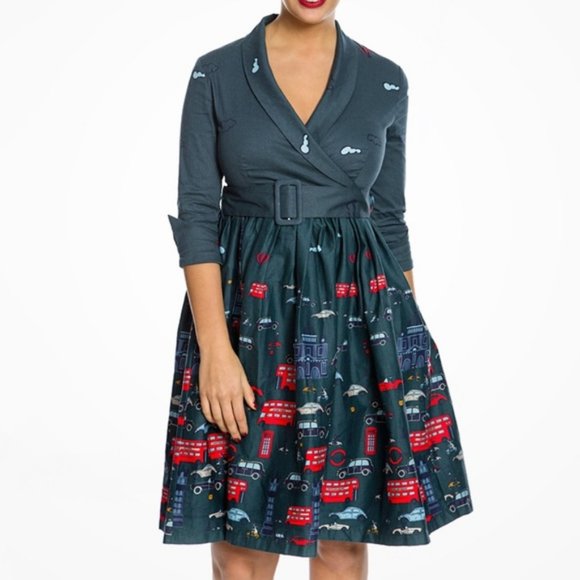 Lindy Bop Vivi Fit Flare Dress 10 Teal Green London Traffic Jam Print *No Belt* - Picture 1 of 7